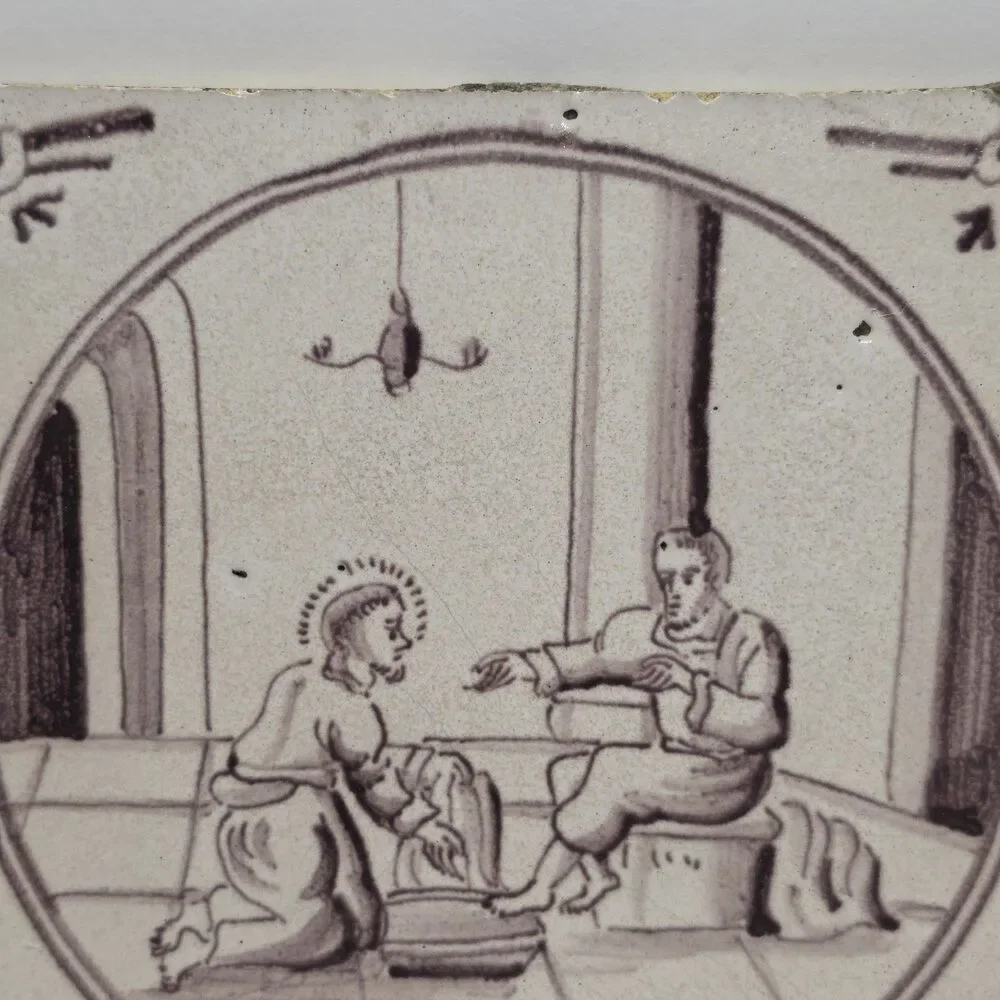 18TH CENTURY DUTCH DELFT MANGANESE & WHITE TILE IOAN 1 9:4 Washing The Feet